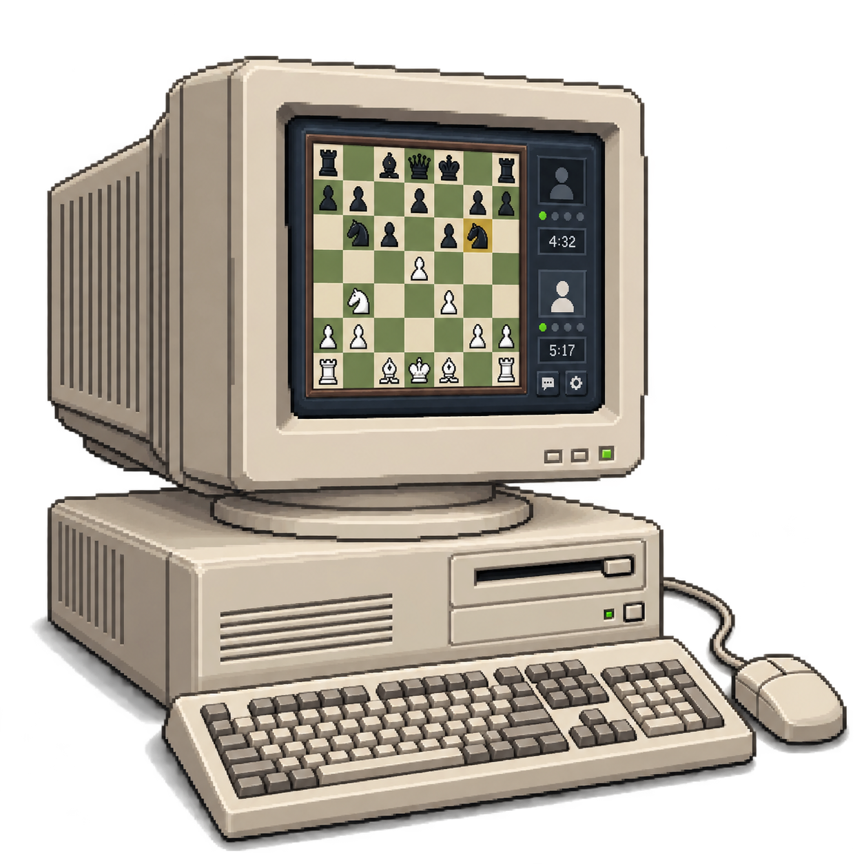 Komputer w stylu pixel art z szachownicą na ekranie