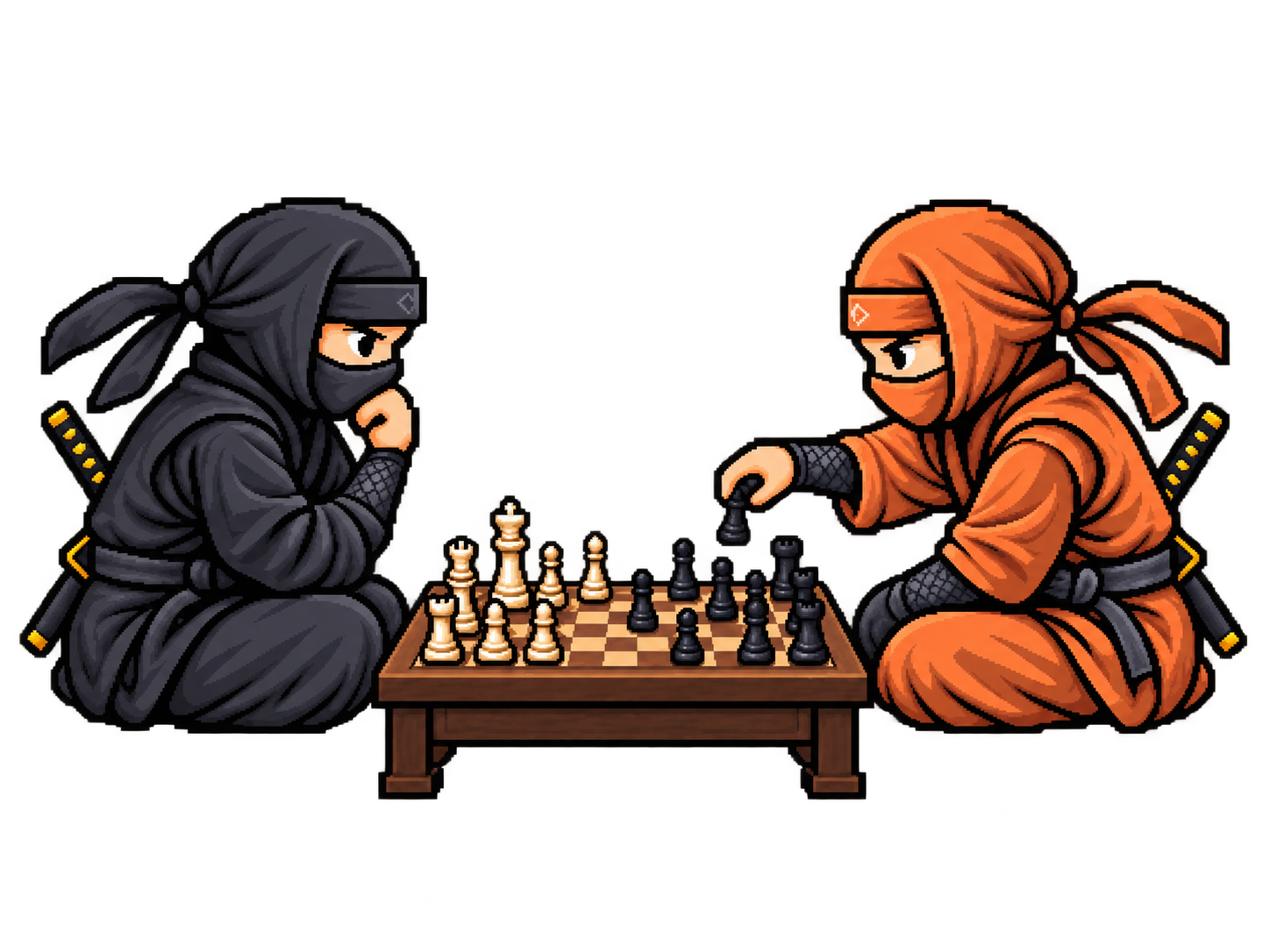 Dwaj ninja w czarnym i pomarańczowym stroju trenujący grę w szachy — grafika pixel art